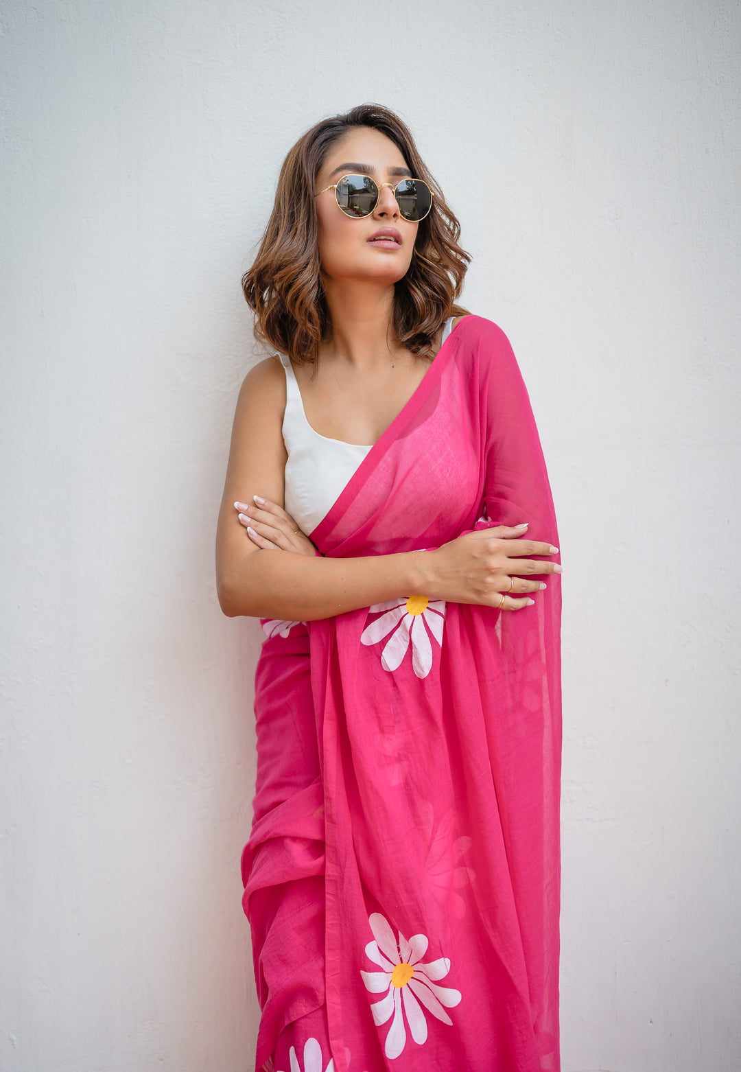 Hot Pink Floral Print Linen Cotton Saree