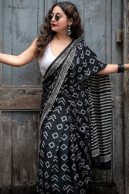 Black Geometric Print Linen Cotton Saree