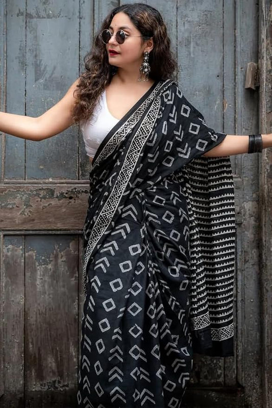 Black Geometric Print Linen Cotton Saree