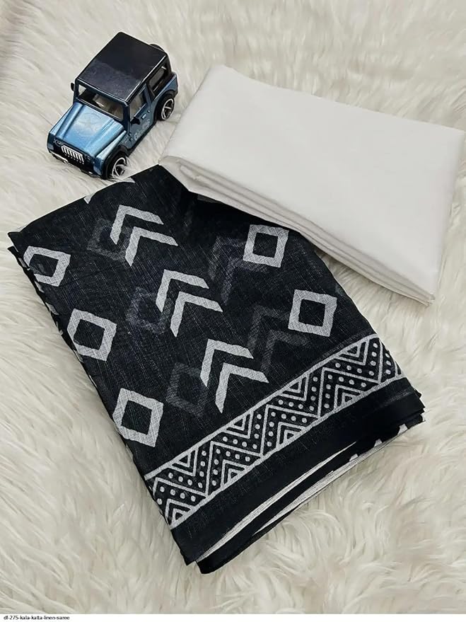 Black Geometric Print Linen Cotton Saree