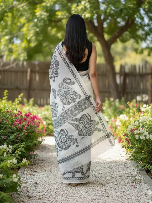 White & Black Elephant Print Linen Cotton Saree