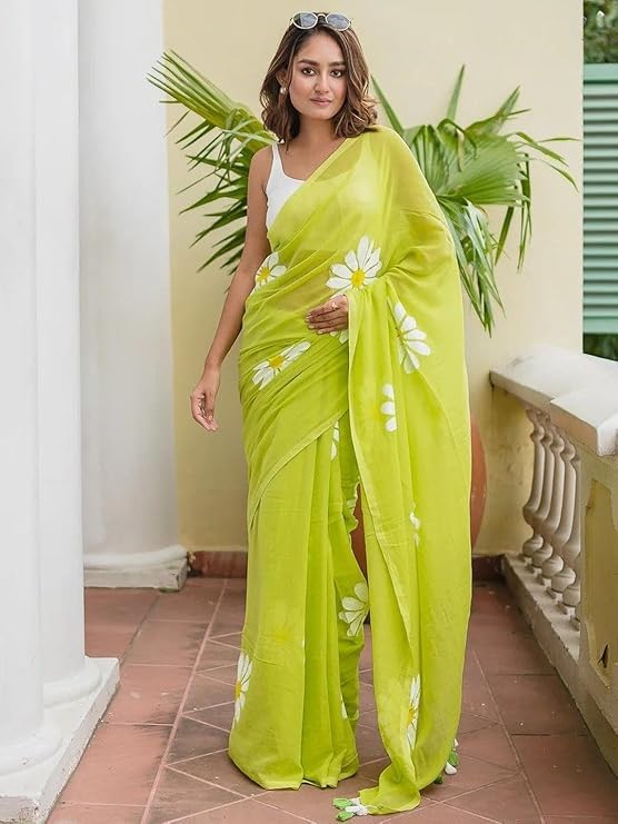 Lime Green Floral Print Linen Cotton Saree