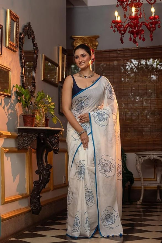 White Blue Floral Print Linen Cotton Saree