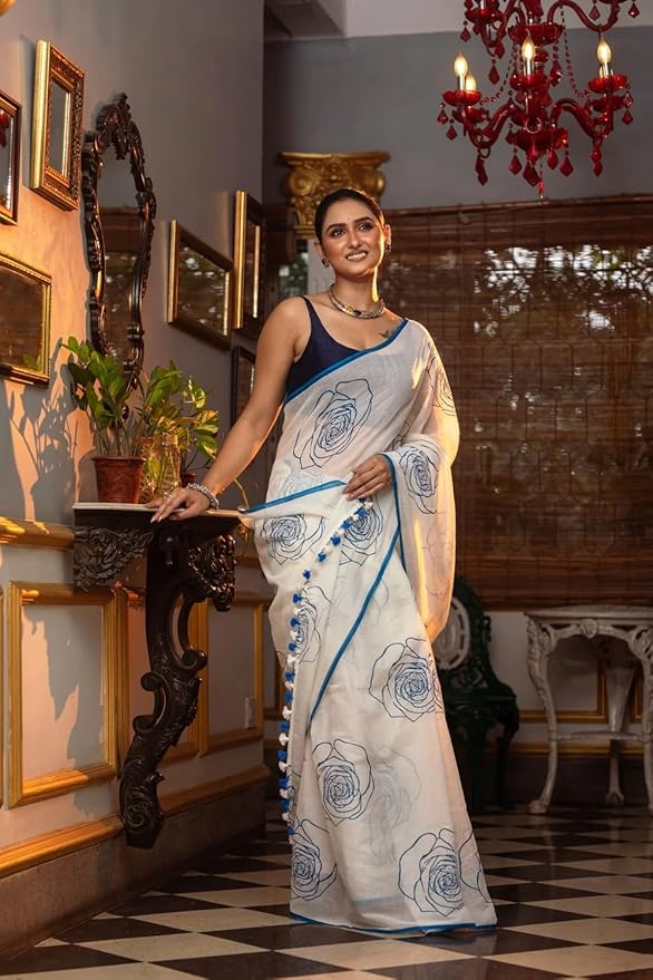 White Blue Floral Print Linen Cotton Saree